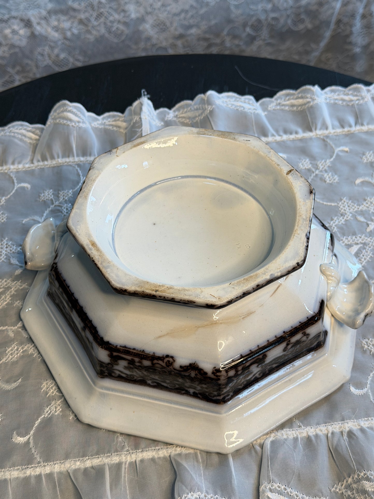Antique Davenport "Genoa" Black Transferware Bowl | Staffordshire England | c.1830–1860