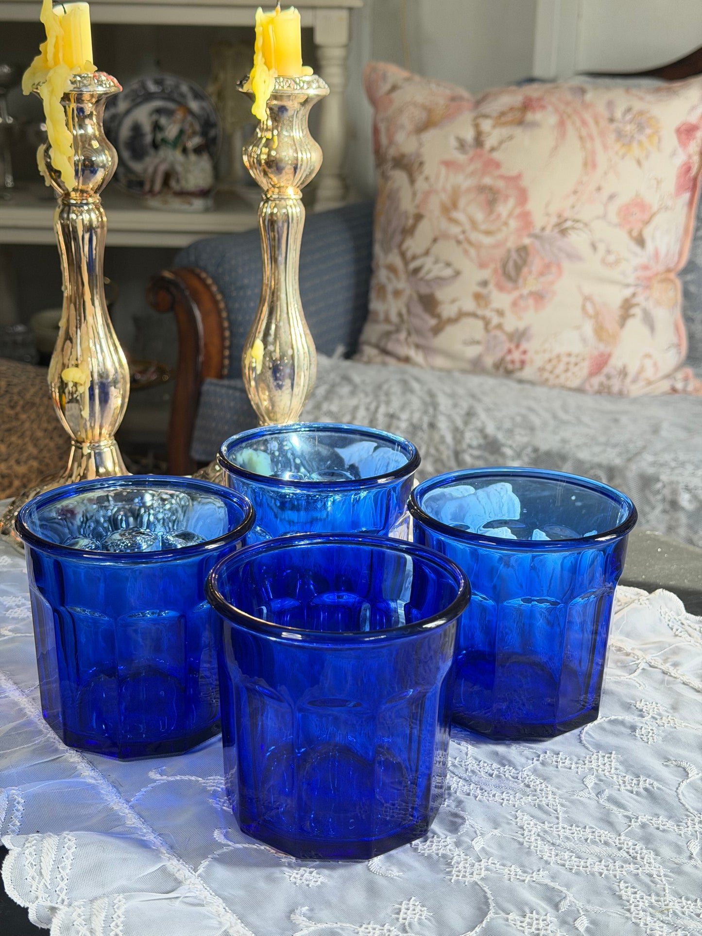 Vintage French Cobalt Blue Glasses (Set of 4)