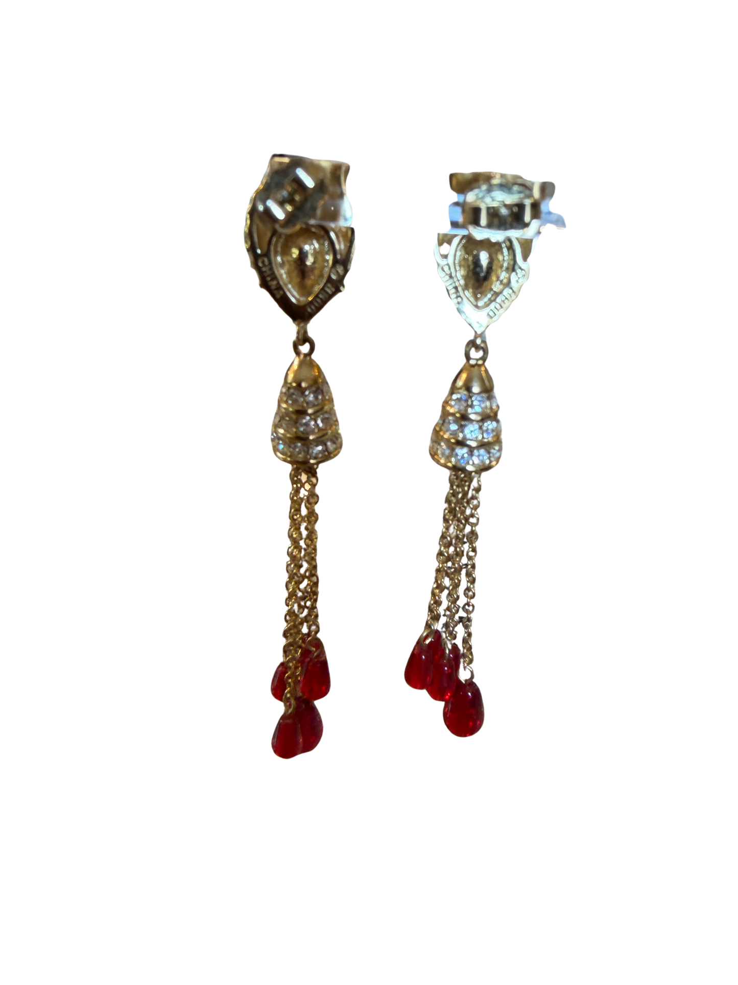 Vintage Signed Red Glass Tassel Earrings