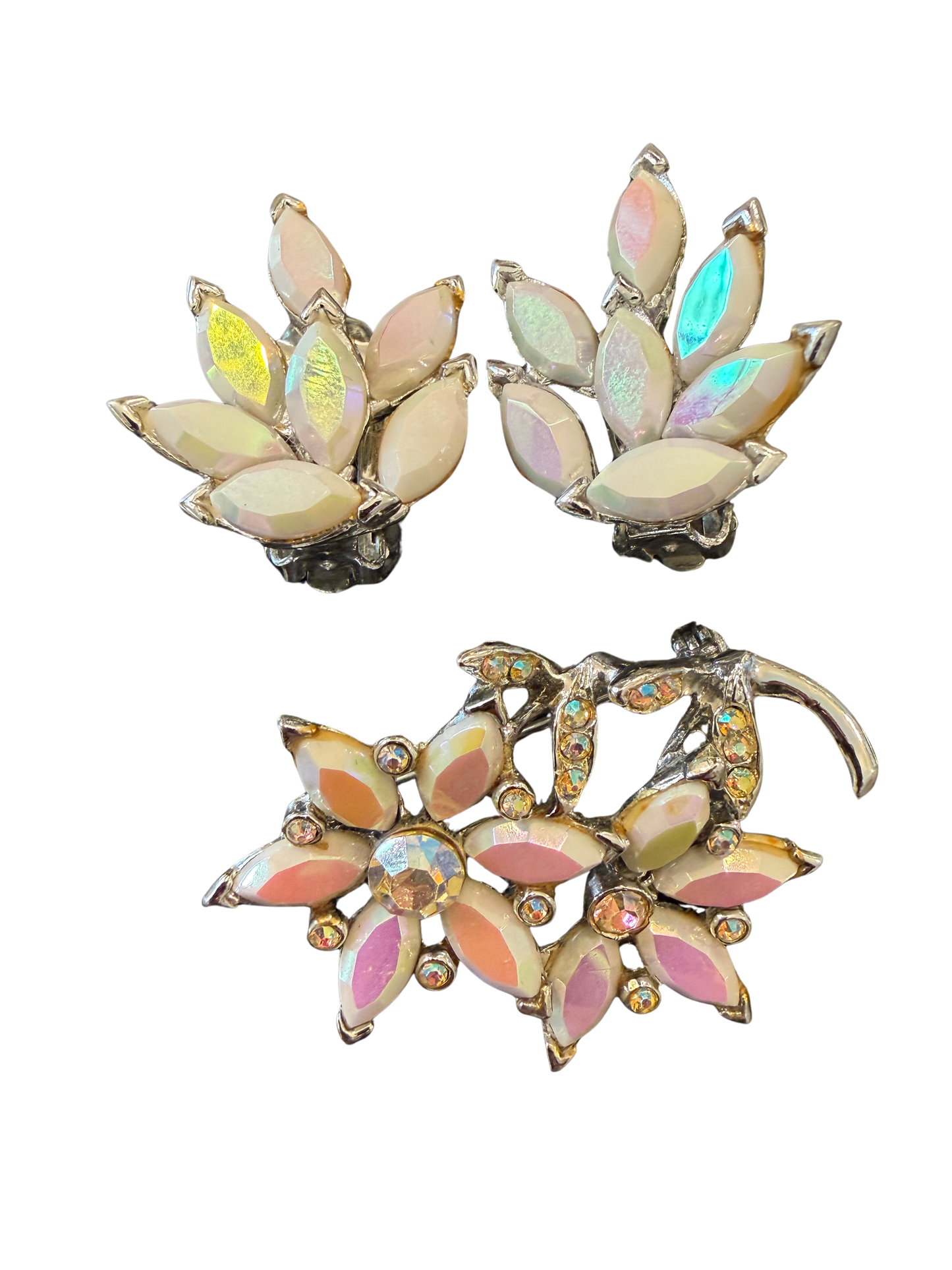 Vintage Iridescent Floral Brooch & Earring Set