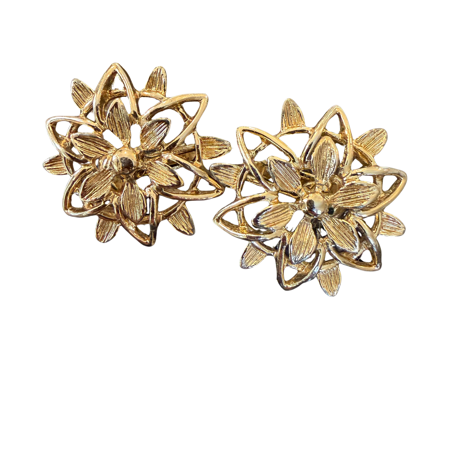 Signed Vintage Gold Tone Floral Clip-On Earrings