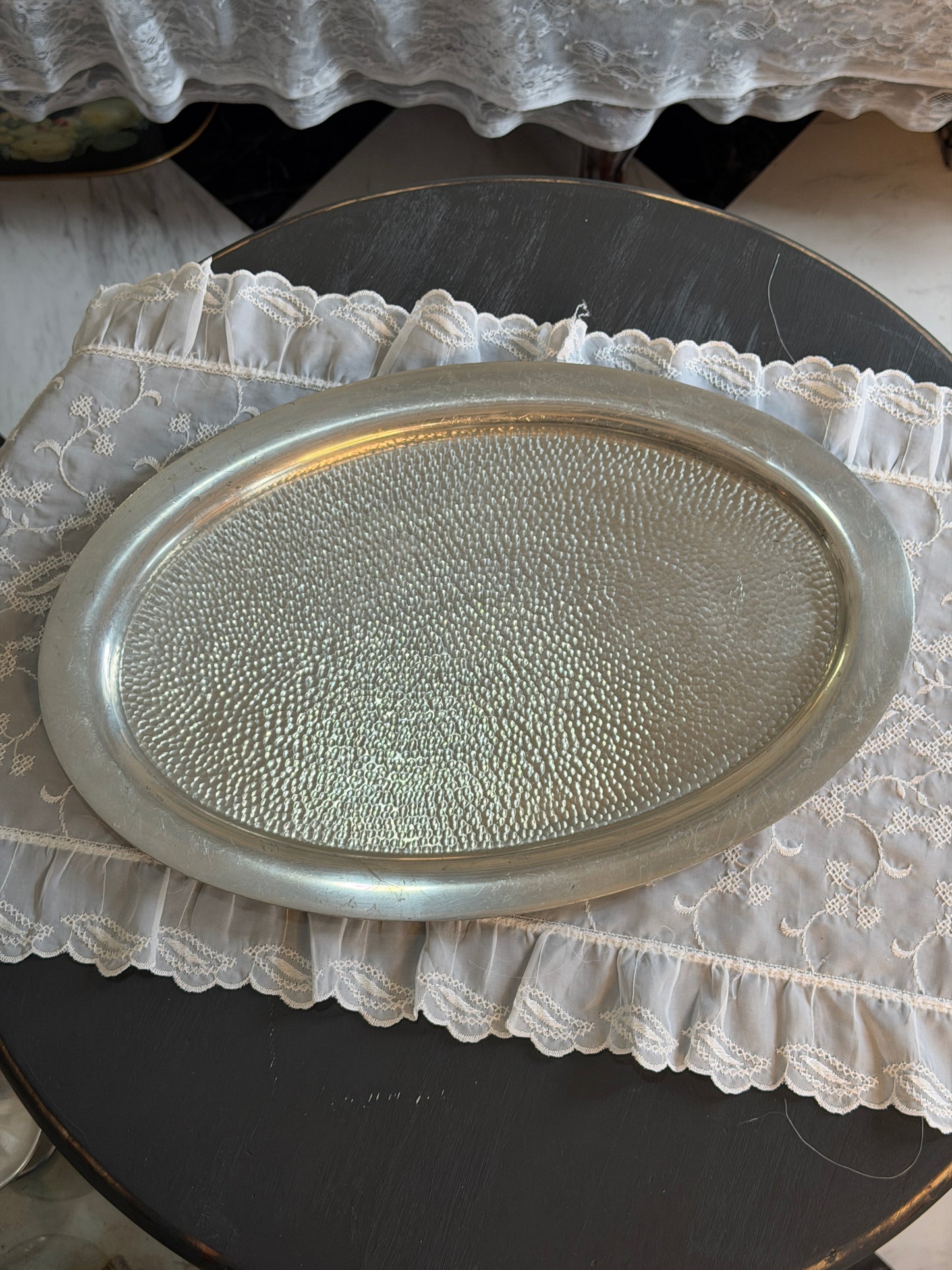 Vintage Hammered Pewter Oval Tray – 17"
