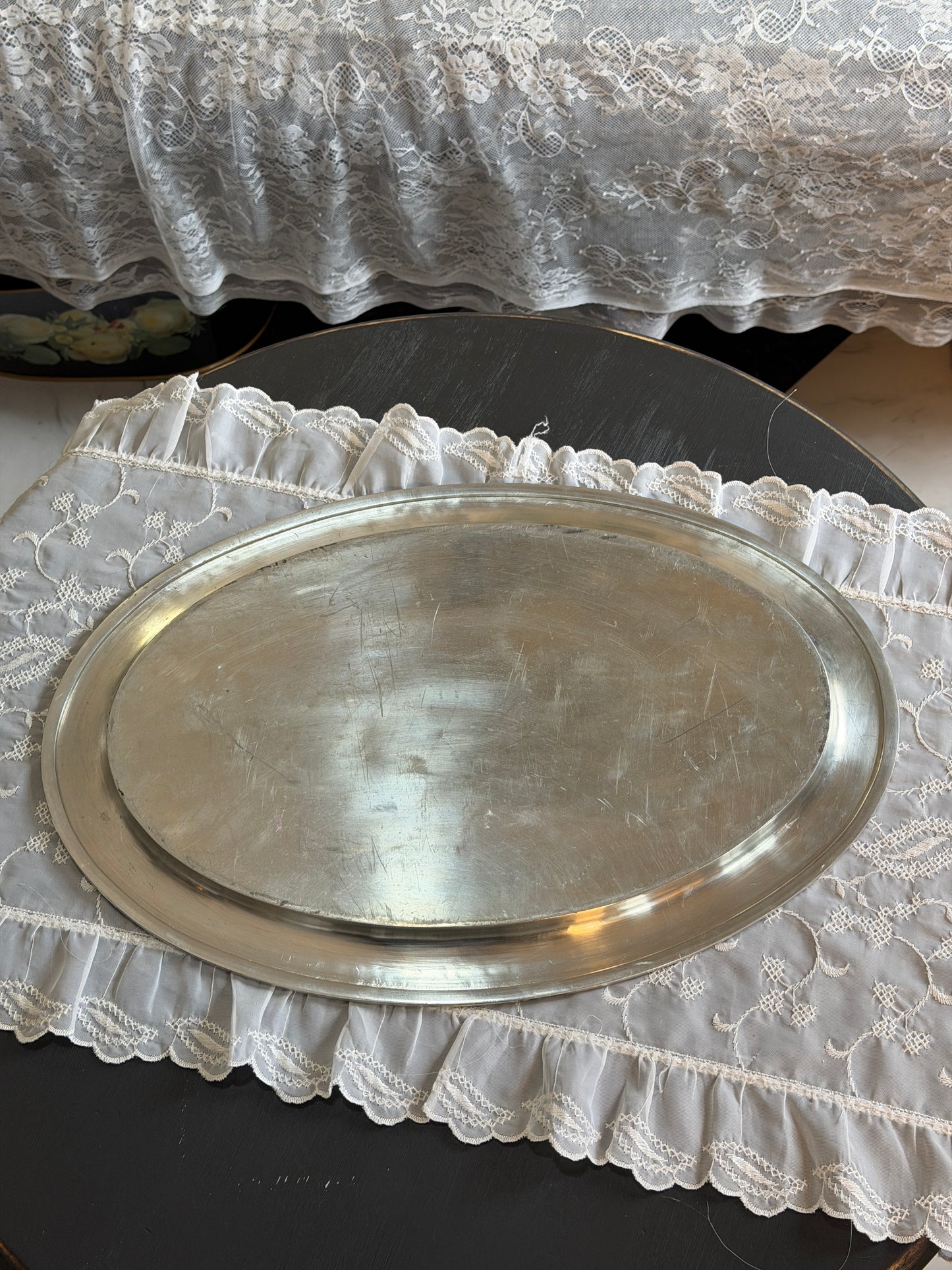 Vintage Hammered Pewter Oval Tray – 17"