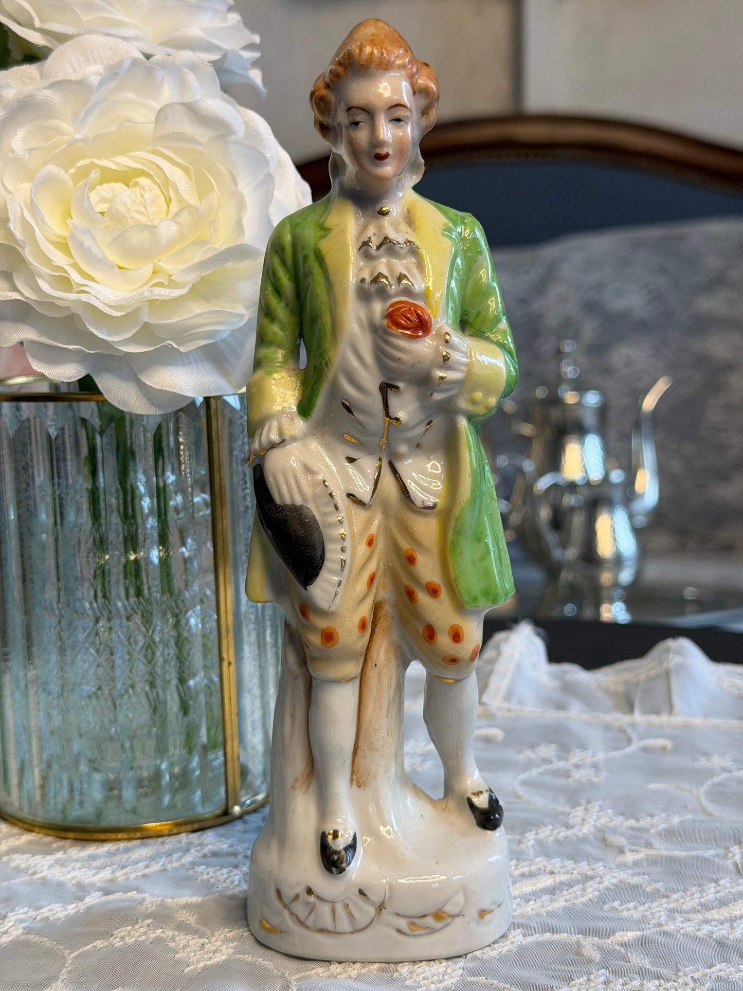 Vintage Porcelain Gentleman Figurine | Hand Painted Japan | 8.25" Romantic European Style Statue
