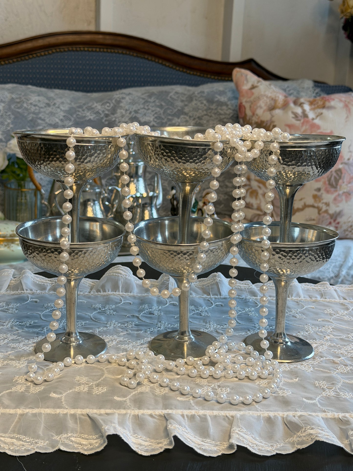 Vintage Hammered Pewter Goblets – Set of 6