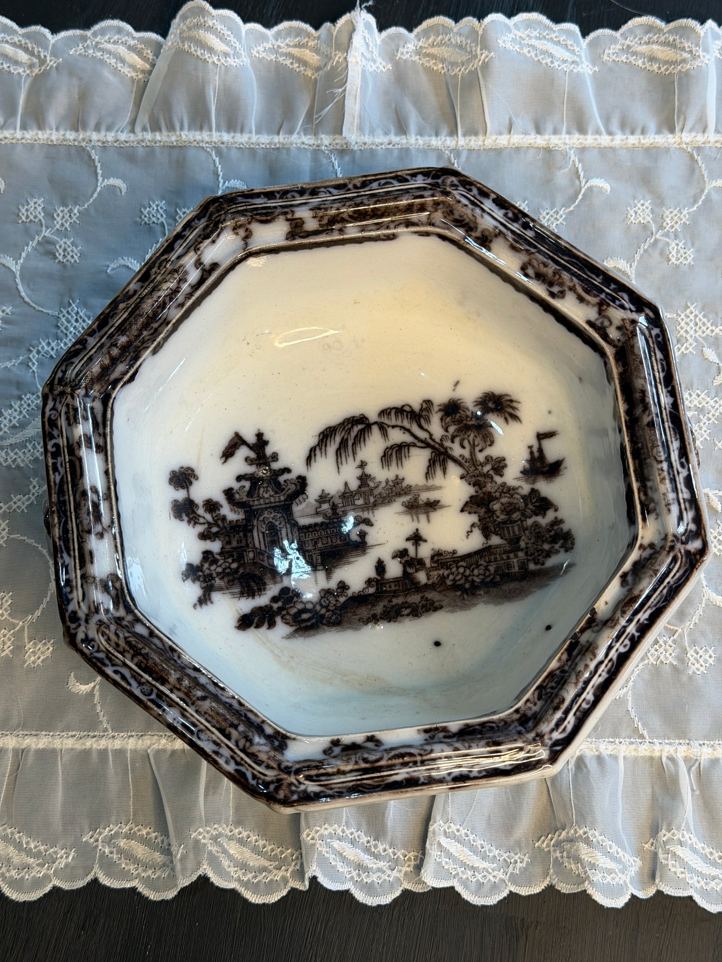 Antique Davenport "Genoa" Black Transferware Bowl | Staffordshire England | c.1830–1860