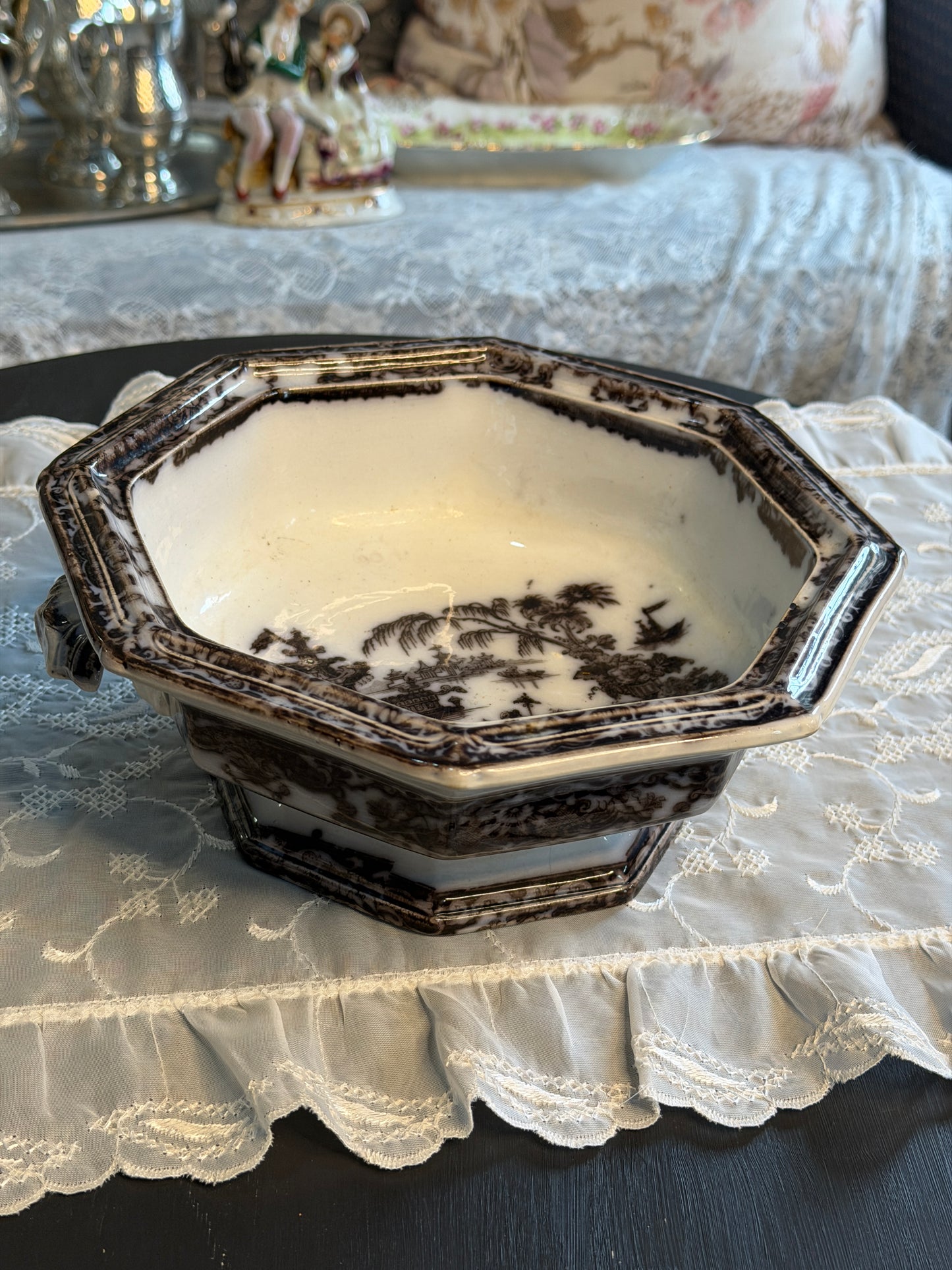 Antique Davenport "Genoa" Black Transferware Bowl | Staffordshire England | c.1830–1860