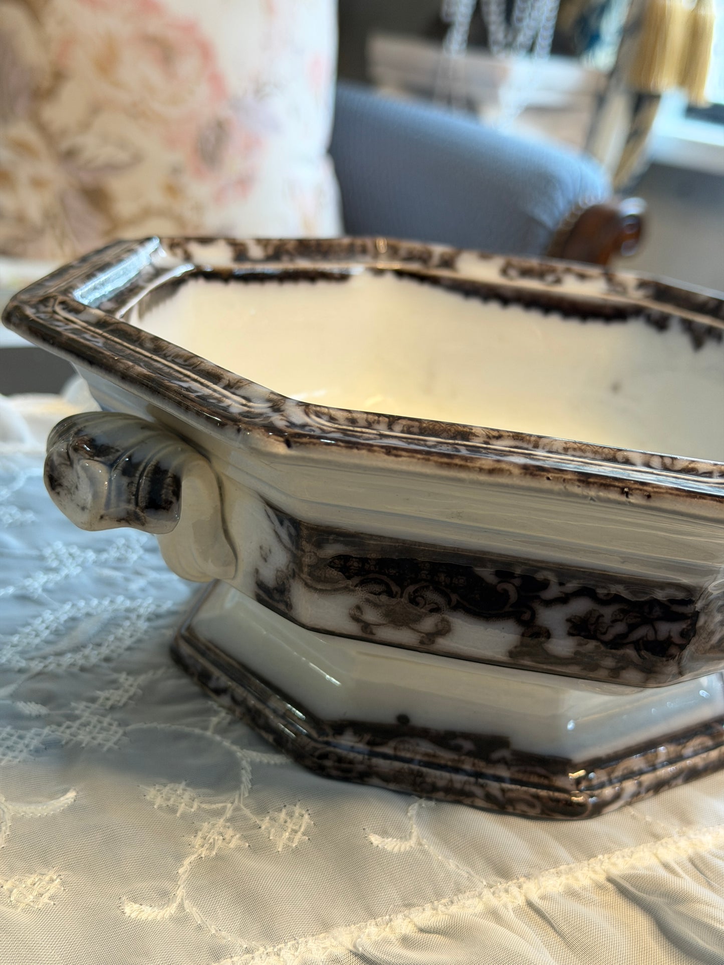 Antique Davenport "Genoa" Black Transferware Bowl | Staffordshire England | c.1830–1860
