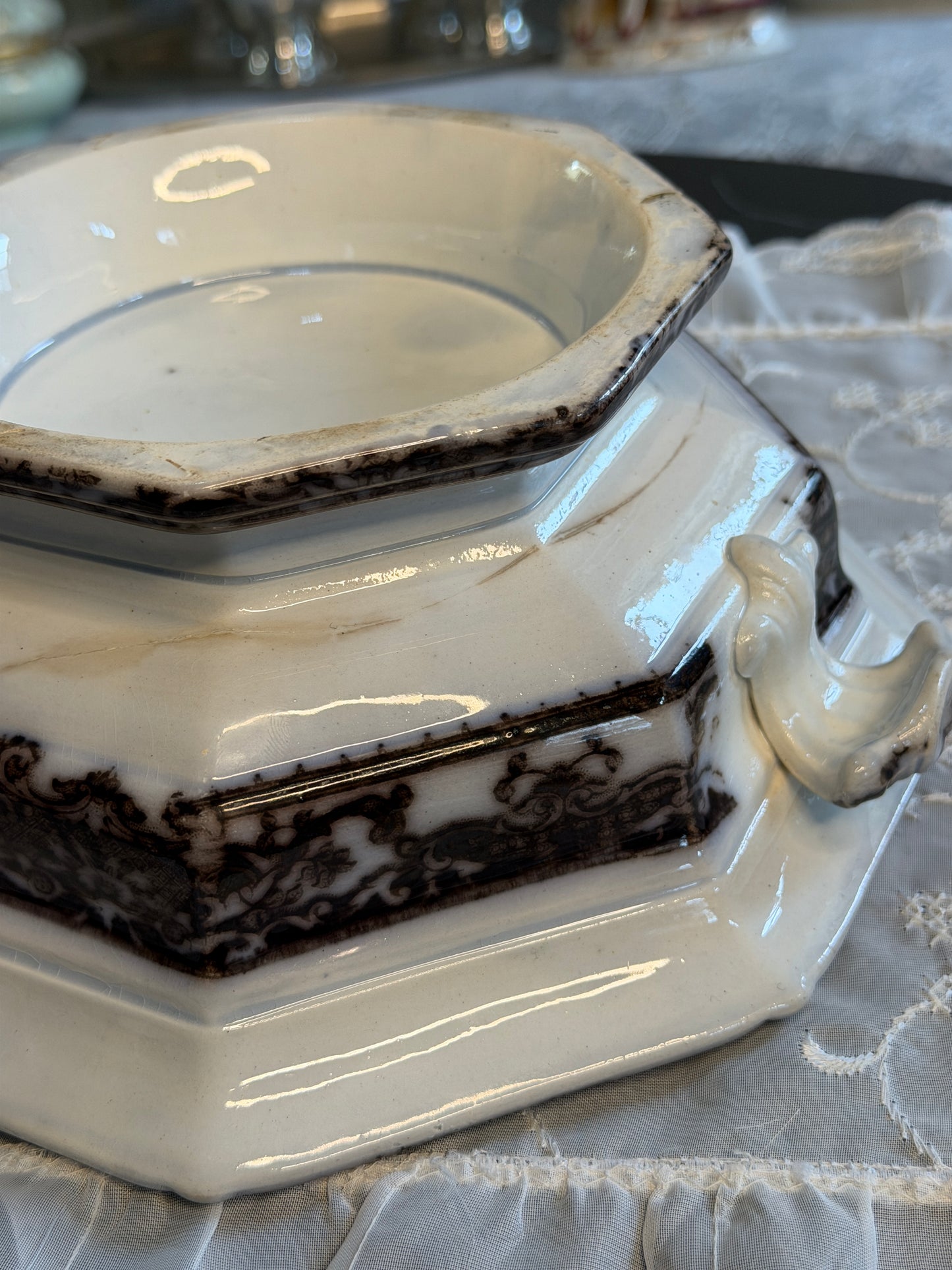 Antique Davenport "Genoa" Black Transferware Bowl | Staffordshire England | c.1830–1860