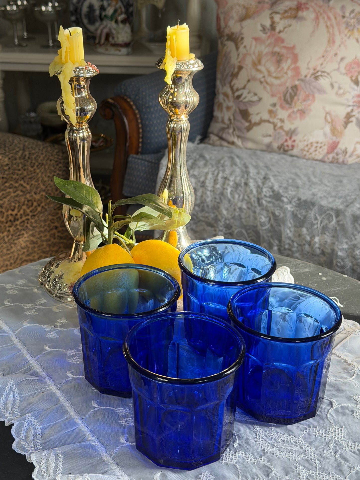 Vintage French Cobalt Blue Glasses (Set of 4)