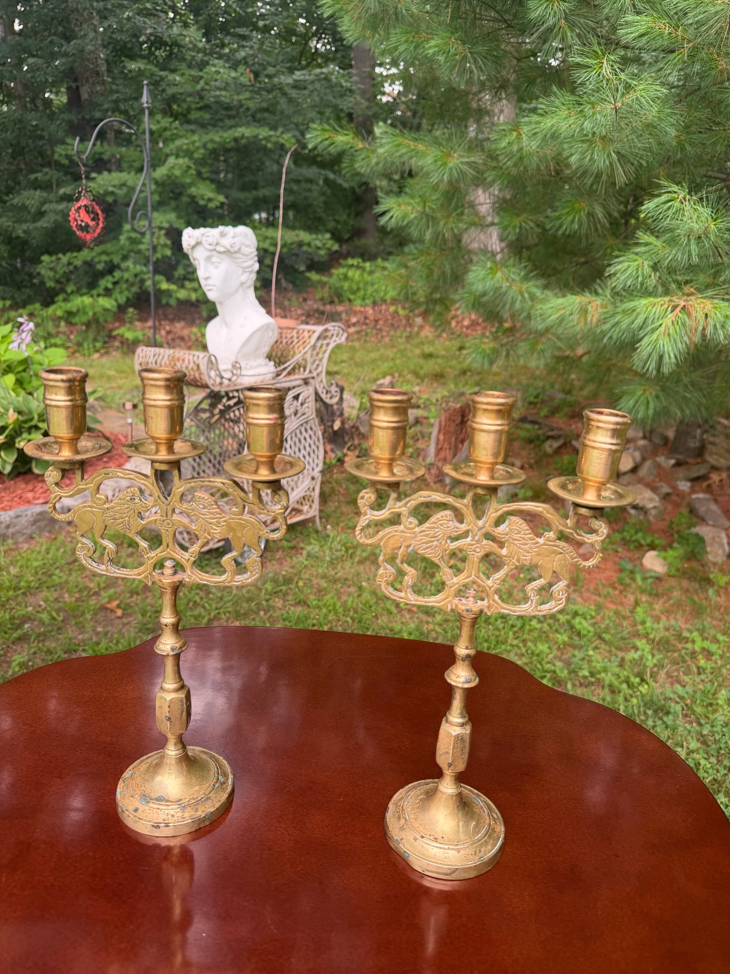 Pair of Antique Brass Heraldic Lion Candelabras — 3-Arm Candle Holders