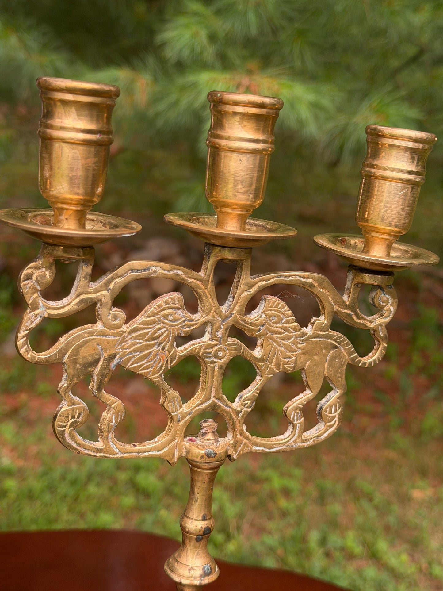 Pair of Antique Brass Heraldic Lion Candelabras — 3-Arm Candle Holders