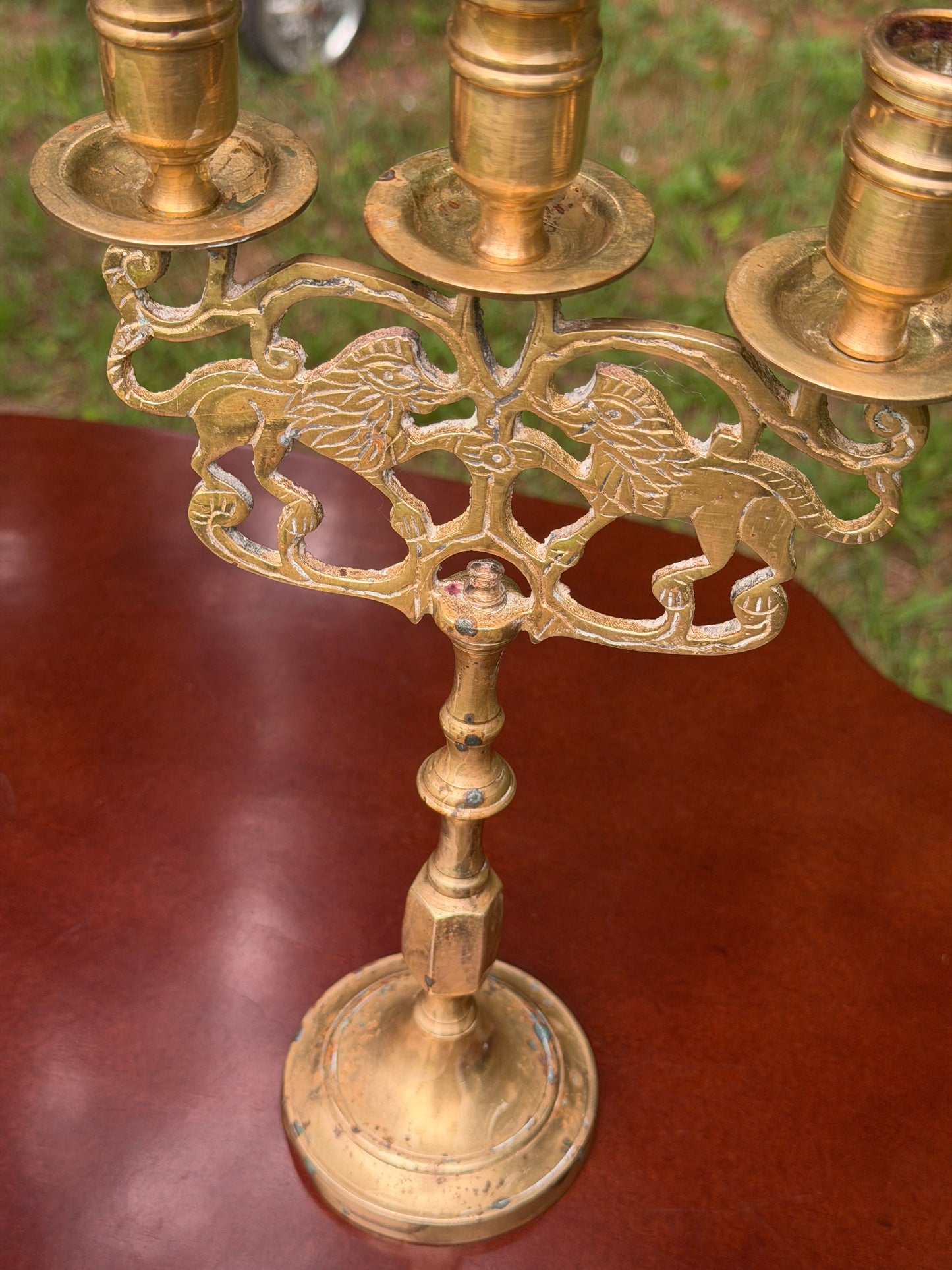 Pair of Antique Brass Heraldic Lion Candelabras — 3-Arm Candle Holders