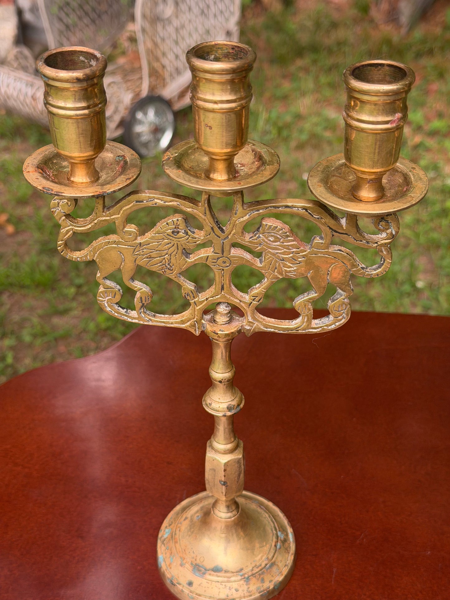 Pair of Antique Brass Heraldic Lion Candelabras — 3-Arm Candle Holders