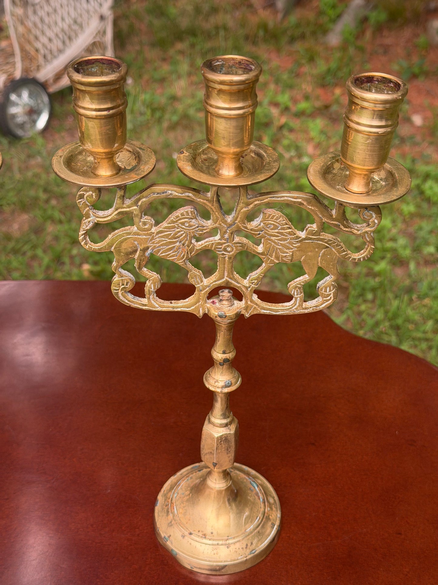 Pair of Antique Brass Heraldic Lion Candelabras — 3-Arm Candle Holders