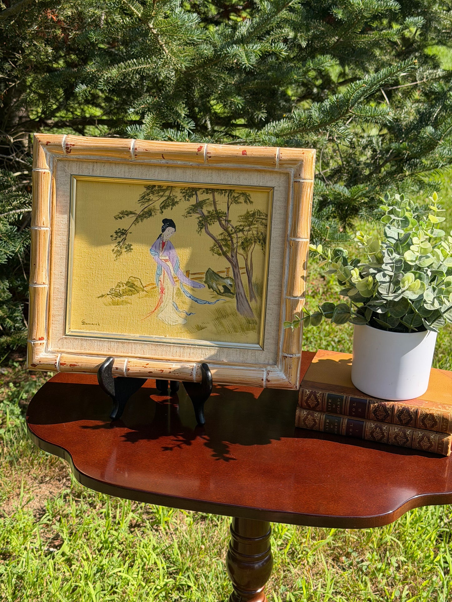 Vintage Asian Geisha Painting in Bamboo Frame by Dominick