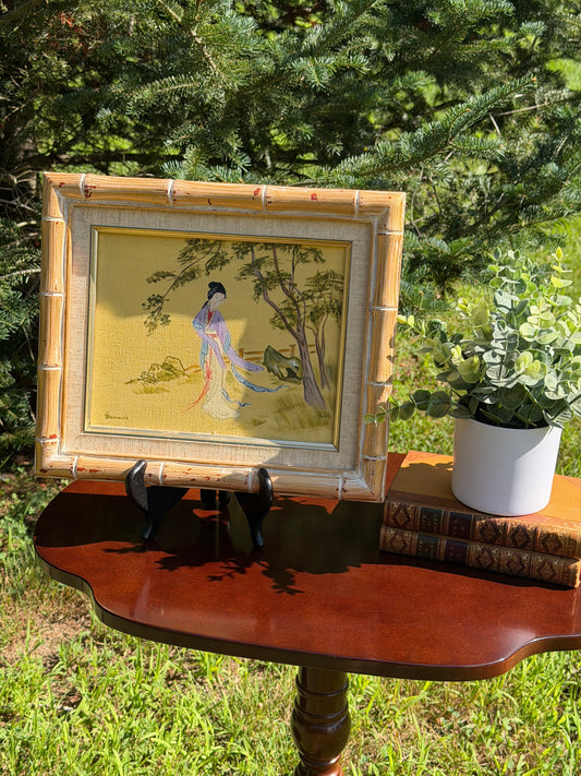 Vintage Asian Geisha Painting in Bamboo Frame by Dominick
