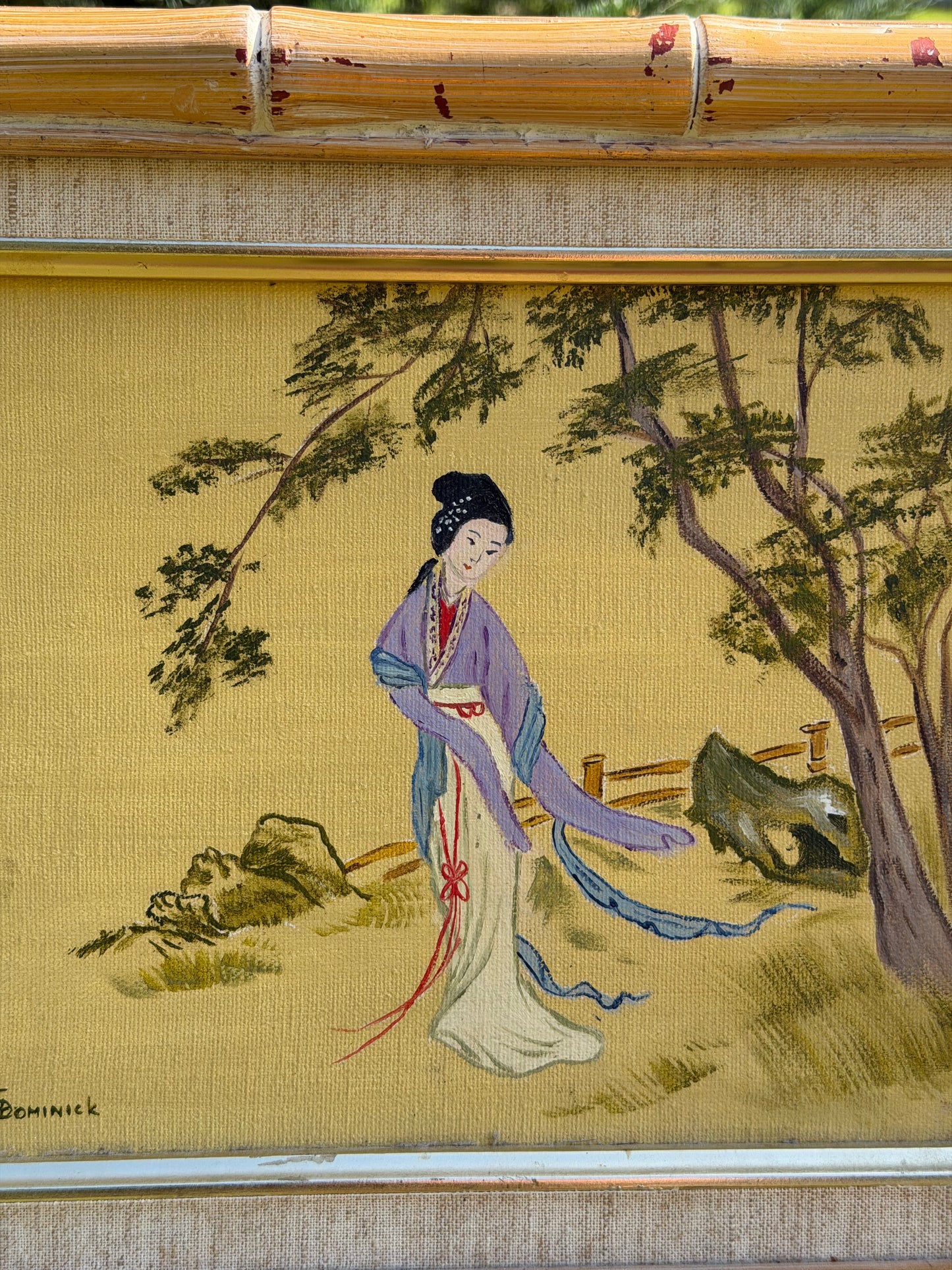 Vintage Asian Geisha Painting in Bamboo Frame by Dominick