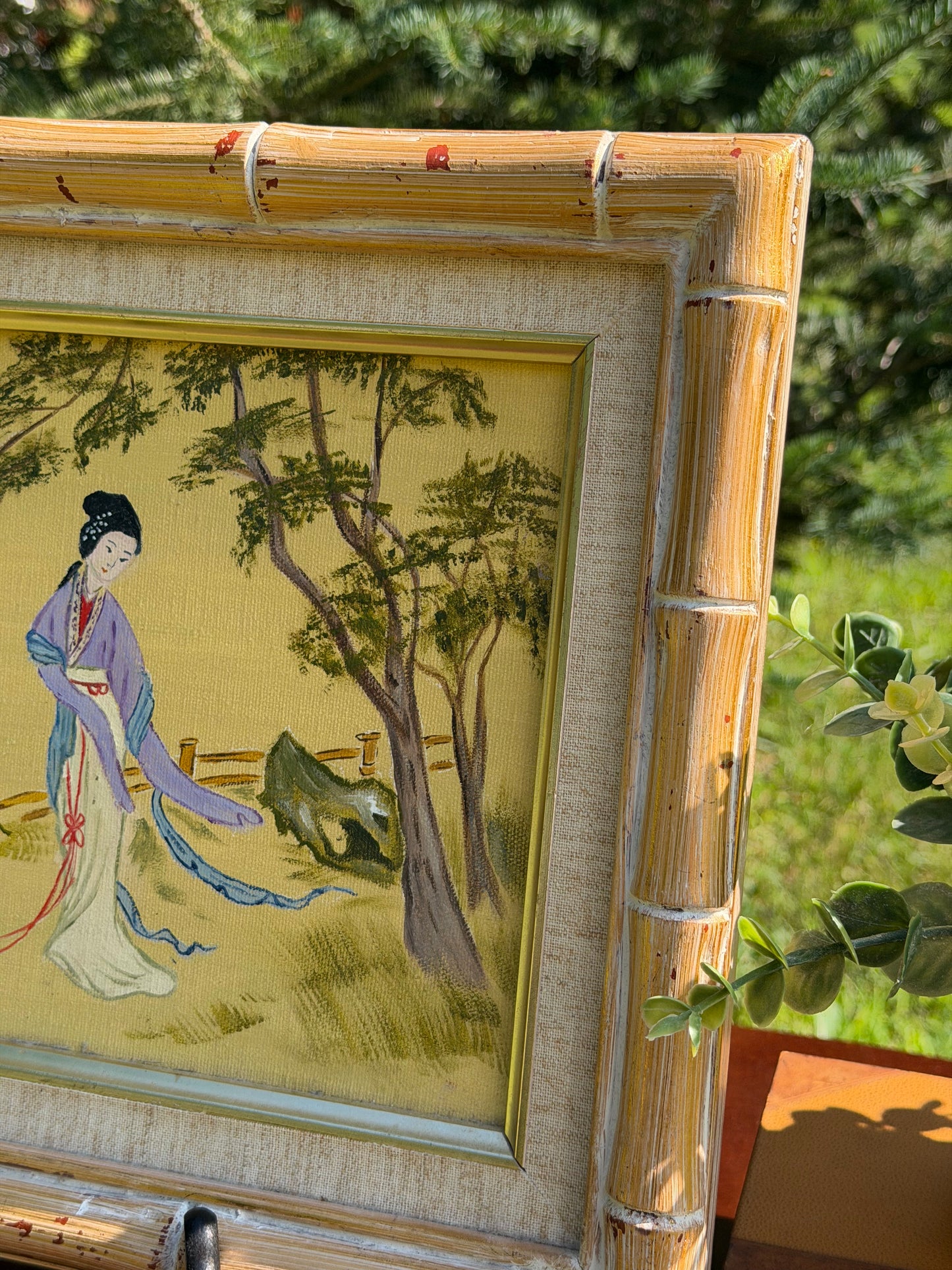 Vintage Asian Geisha Painting in Bamboo Frame by Dominick