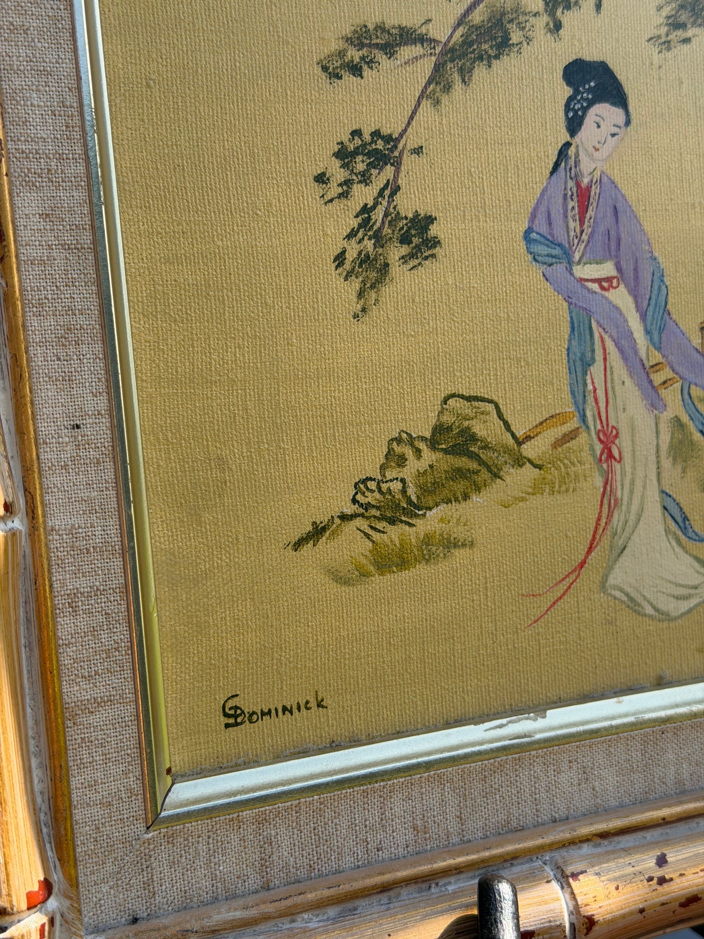 Vintage Asian Geisha Painting in Bamboo Frame by Dominick