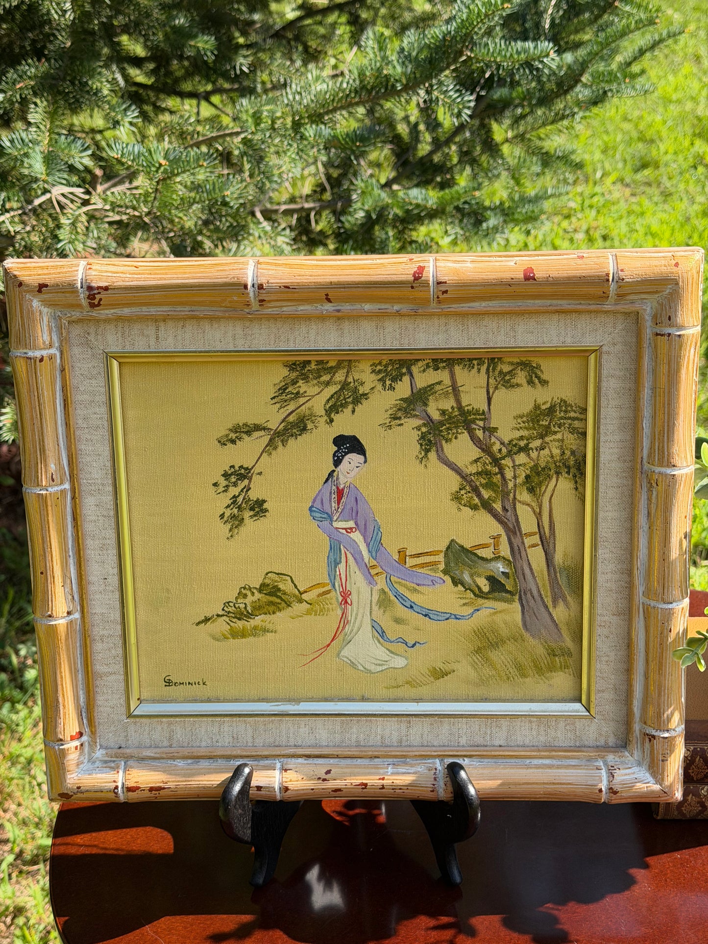 Vintage Asian Geisha Painting in Bamboo Frame by Dominick