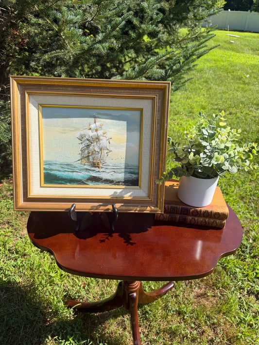 Close-up of tall ship painting showing impasto brushwork and sail detail