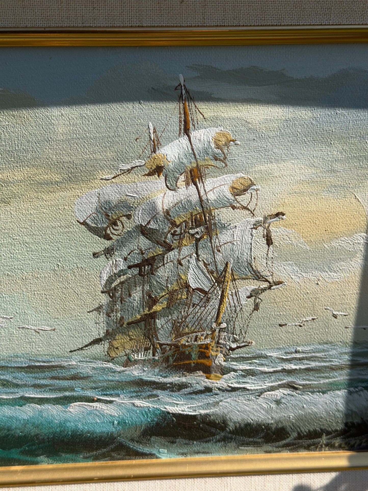 Vintage Oil Painting – Tall Ship in Stormy Seas