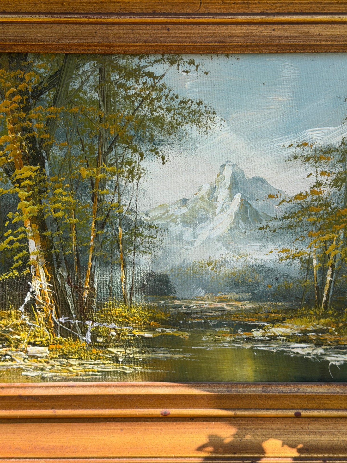 Vintage Oil on Board – Alpine Mountain Landscape with River
