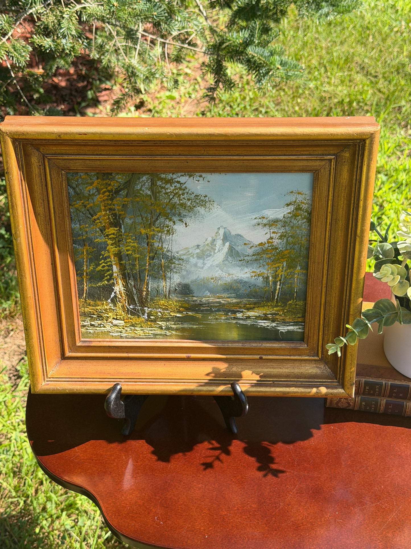 Vintage Oil on Board – Alpine Mountain Landscape with River