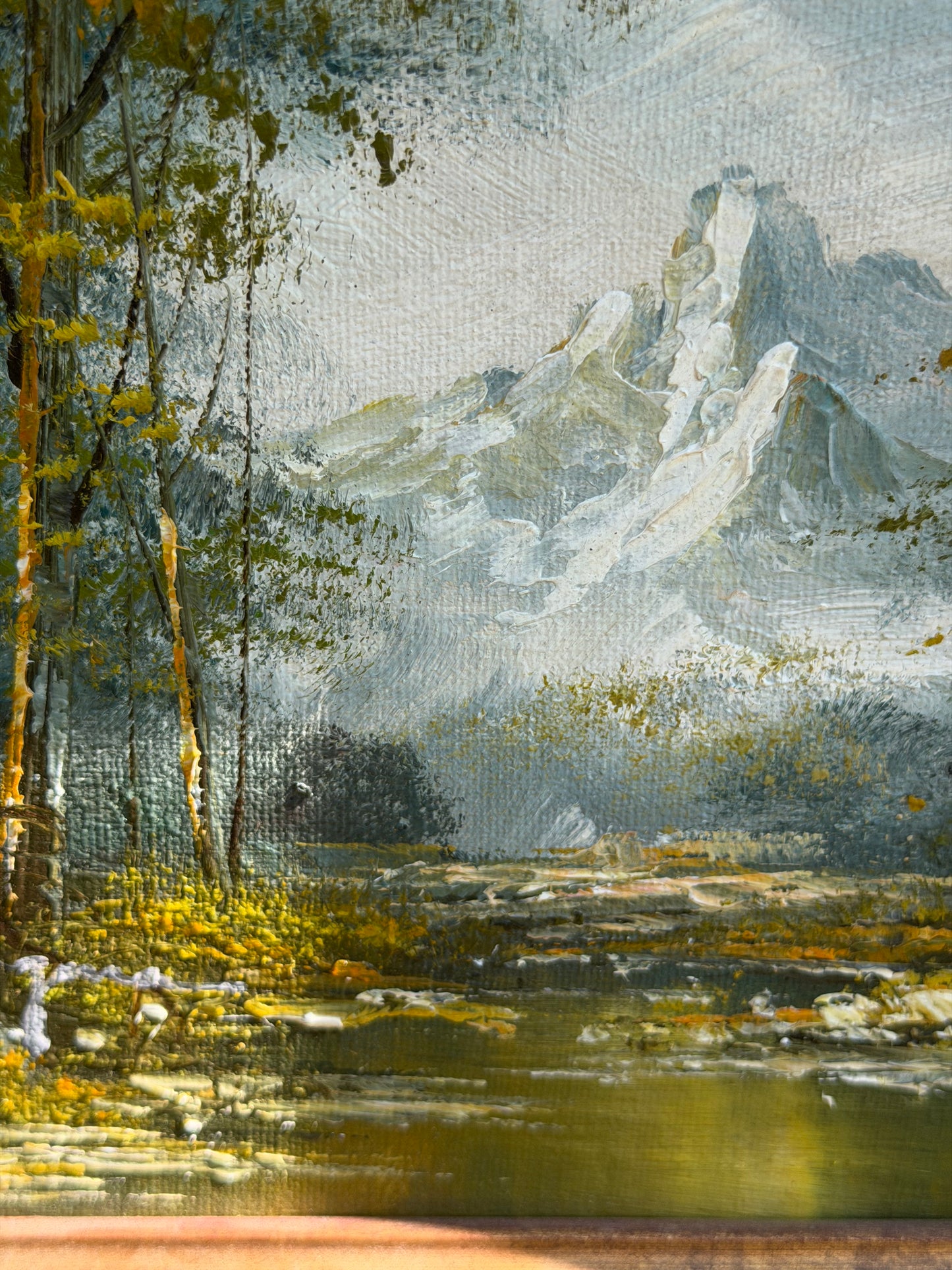 Vintage Oil on Board – Alpine Mountain Landscape with River