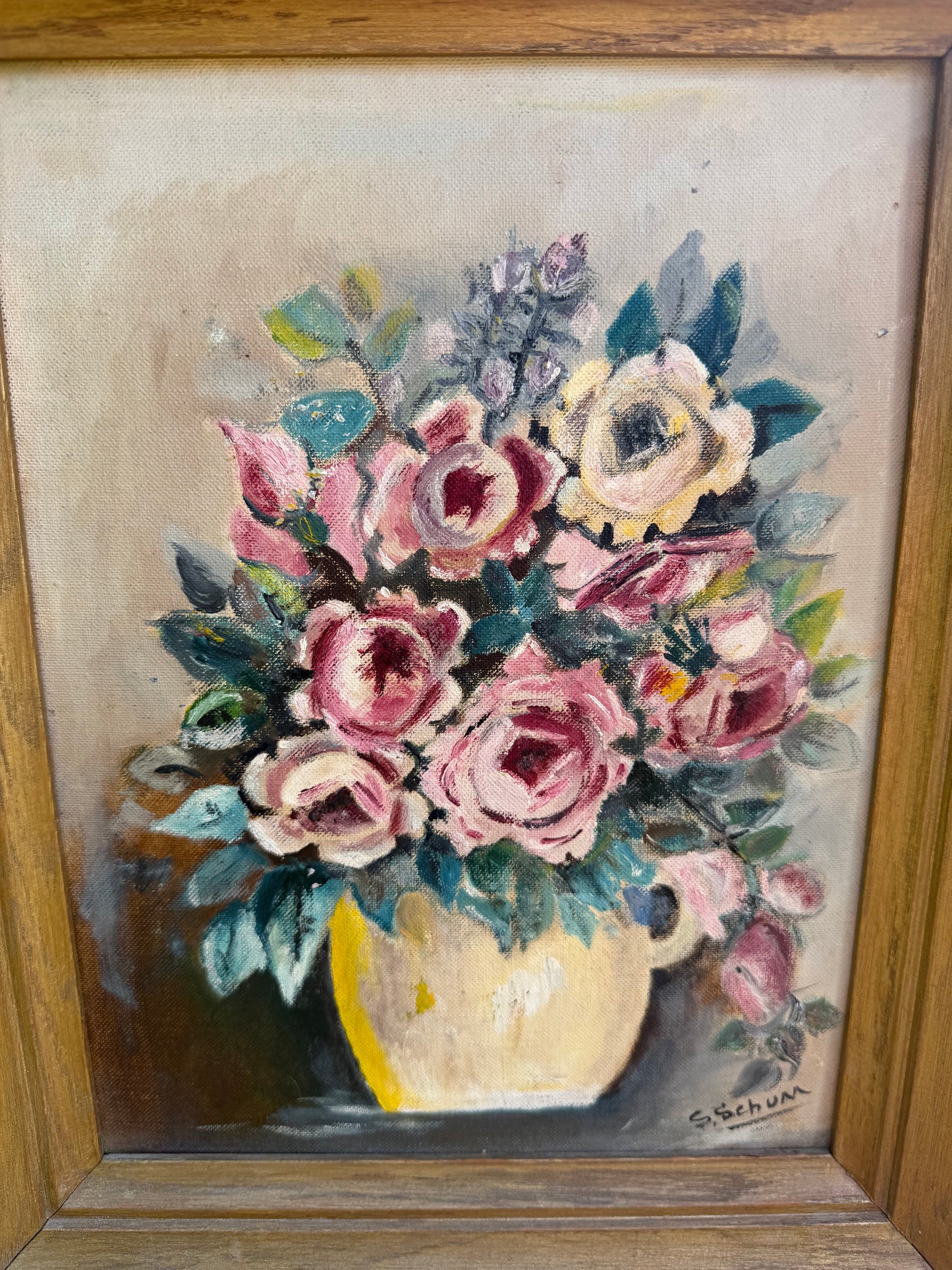 Vintage Painting – Rose Bouquet Still Life, Signed S. Schum