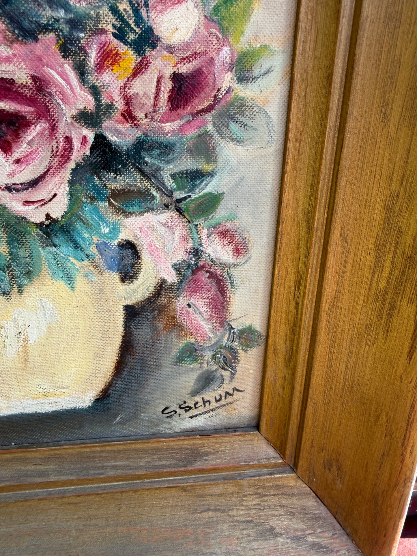 Vintage Painting – Rose Bouquet Still Life, Signed S. Schum