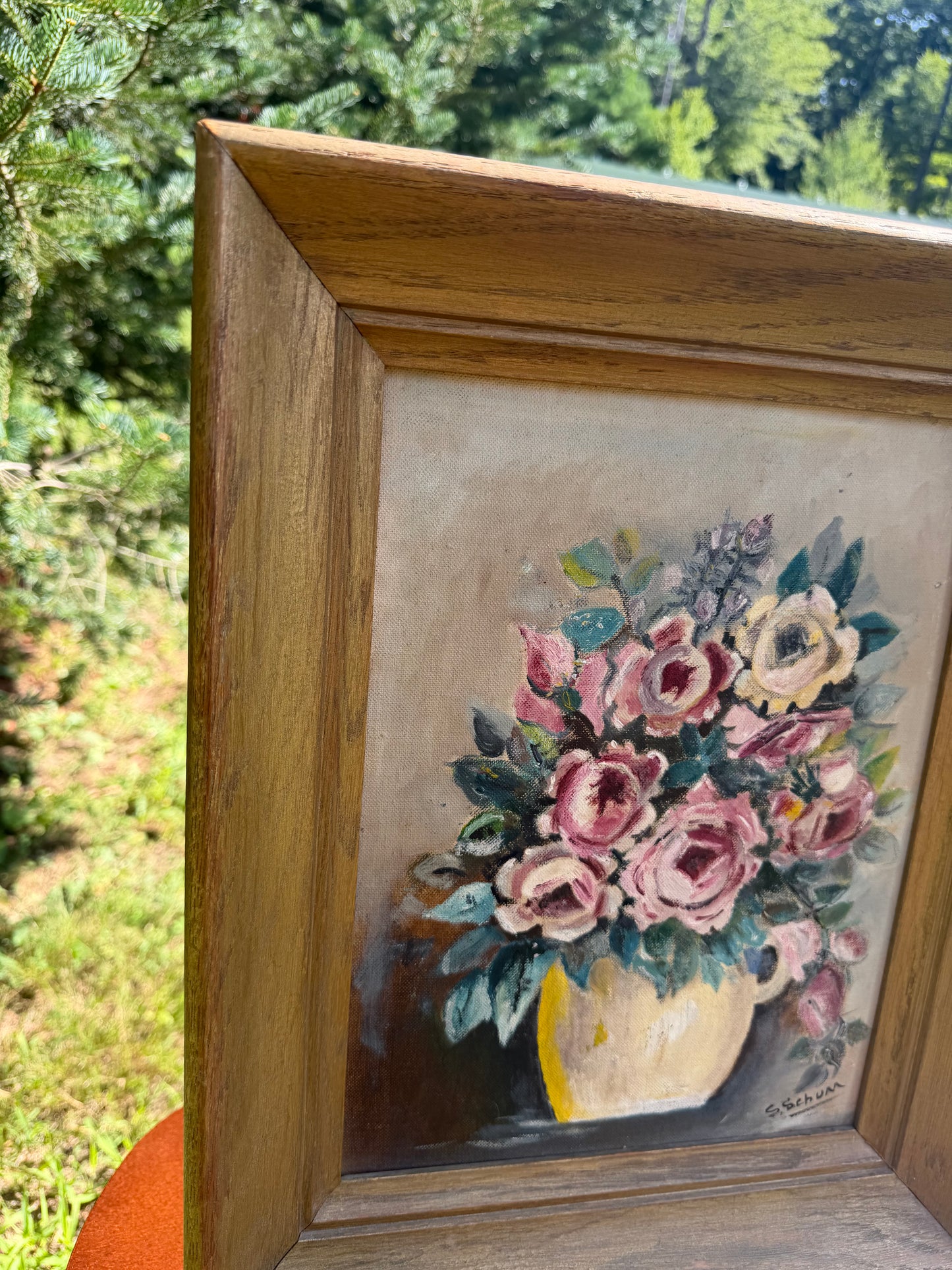Vintage Painting – Rose Bouquet Still Life, Signed S. Schum
