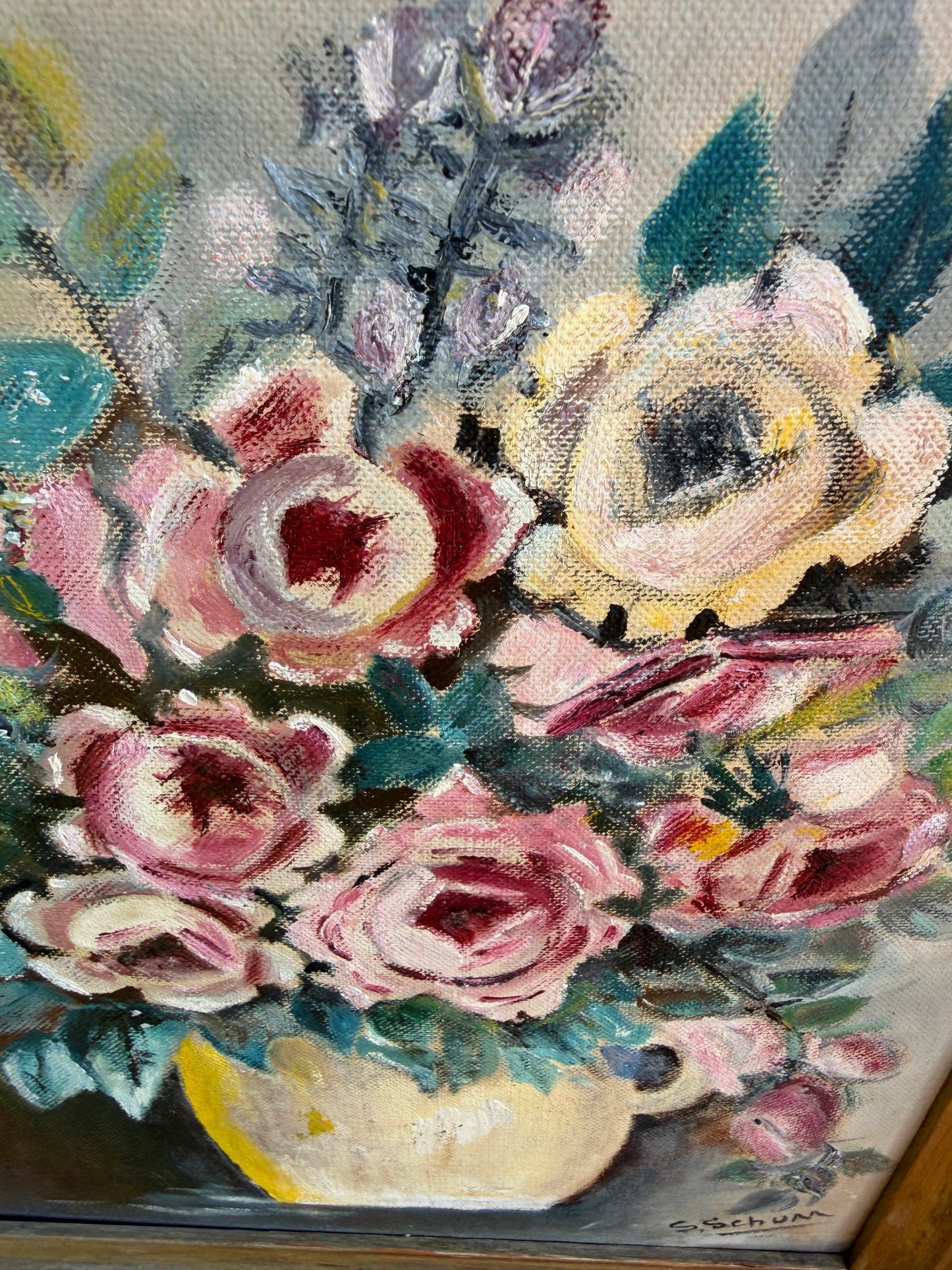 Vintage Painting – Rose Bouquet Still Life, Signed S. Schum