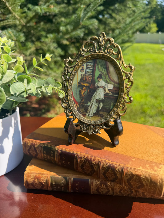 Antique Italian Brass Oval Frame — Victorian Lady at Piano Print
