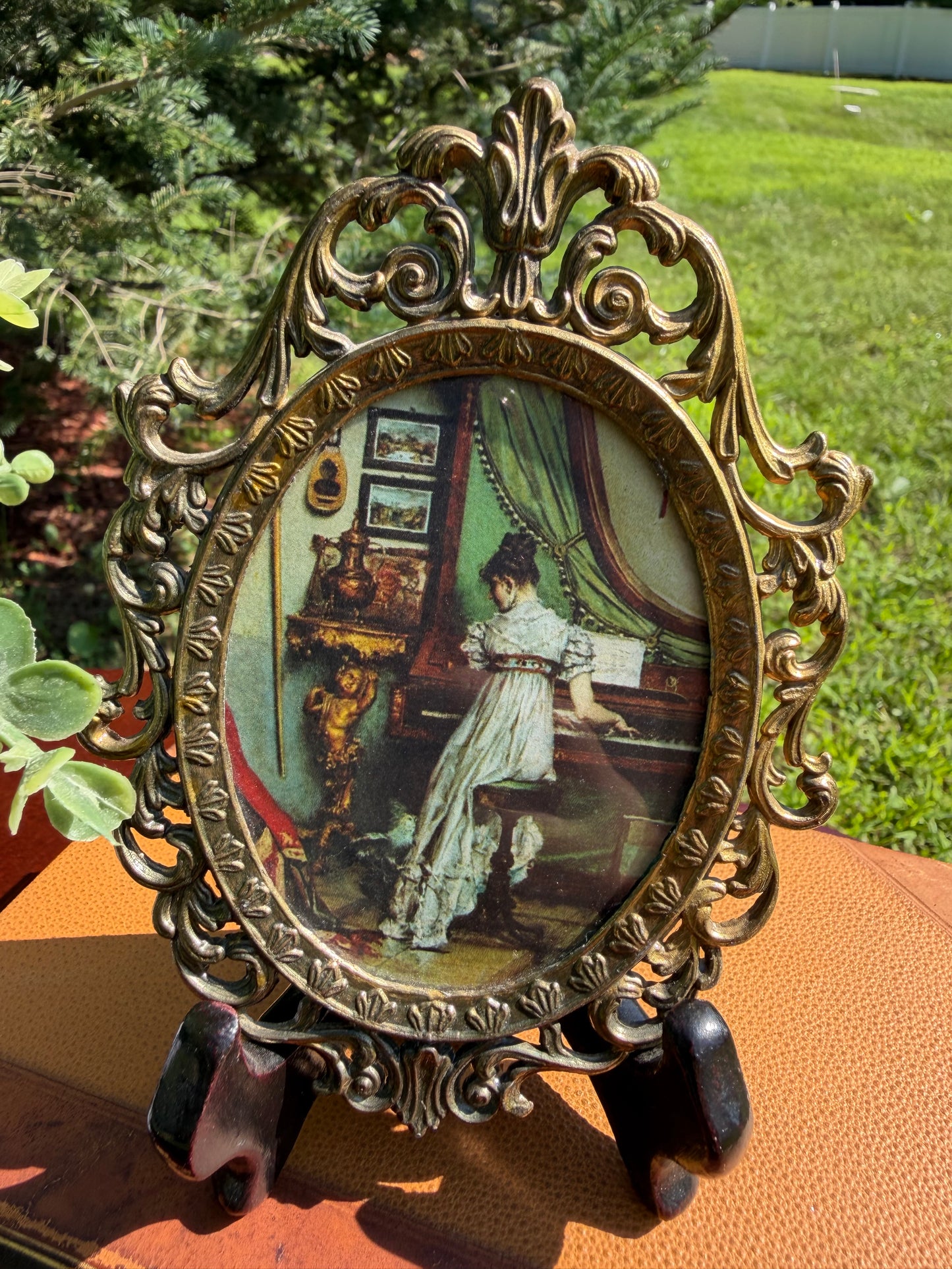 Antique Italian Brass Oval Frame — Victorian Lady at Piano Print