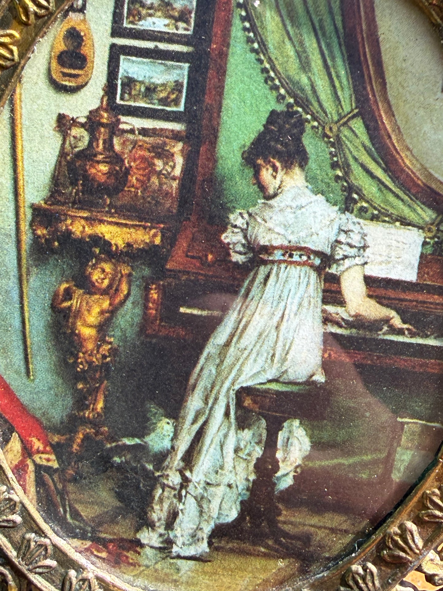 Antique Italian Brass Oval Frame — Victorian Lady at Piano Print