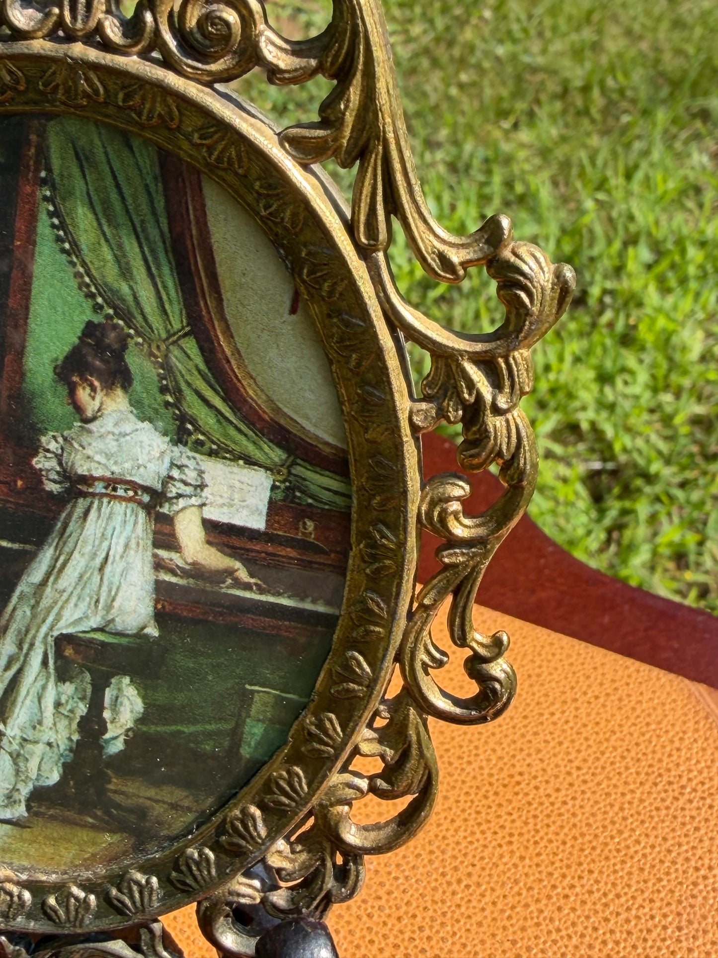 Antique Italian Brass Oval Frame — Victorian Lady at Piano Print