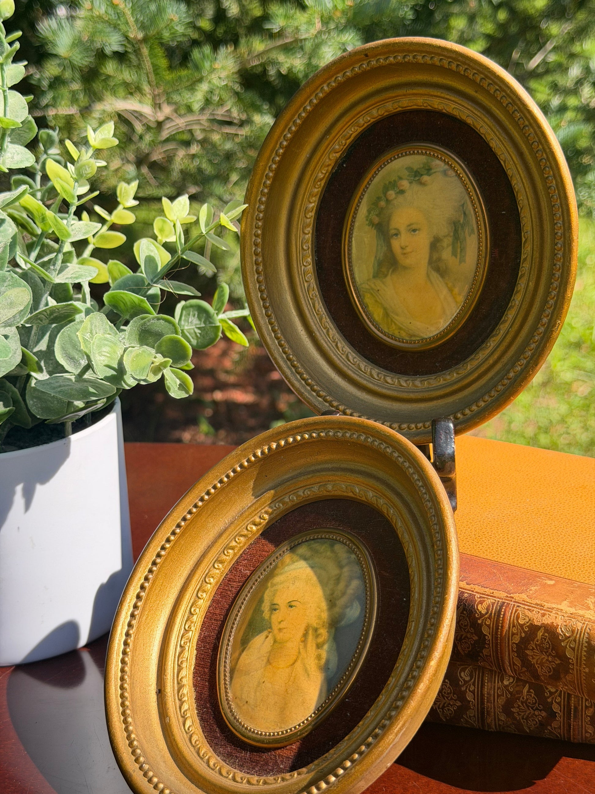 Close-up of Mrs. Chaplin miniature portrait in gilt frame with burgundy velvet mat