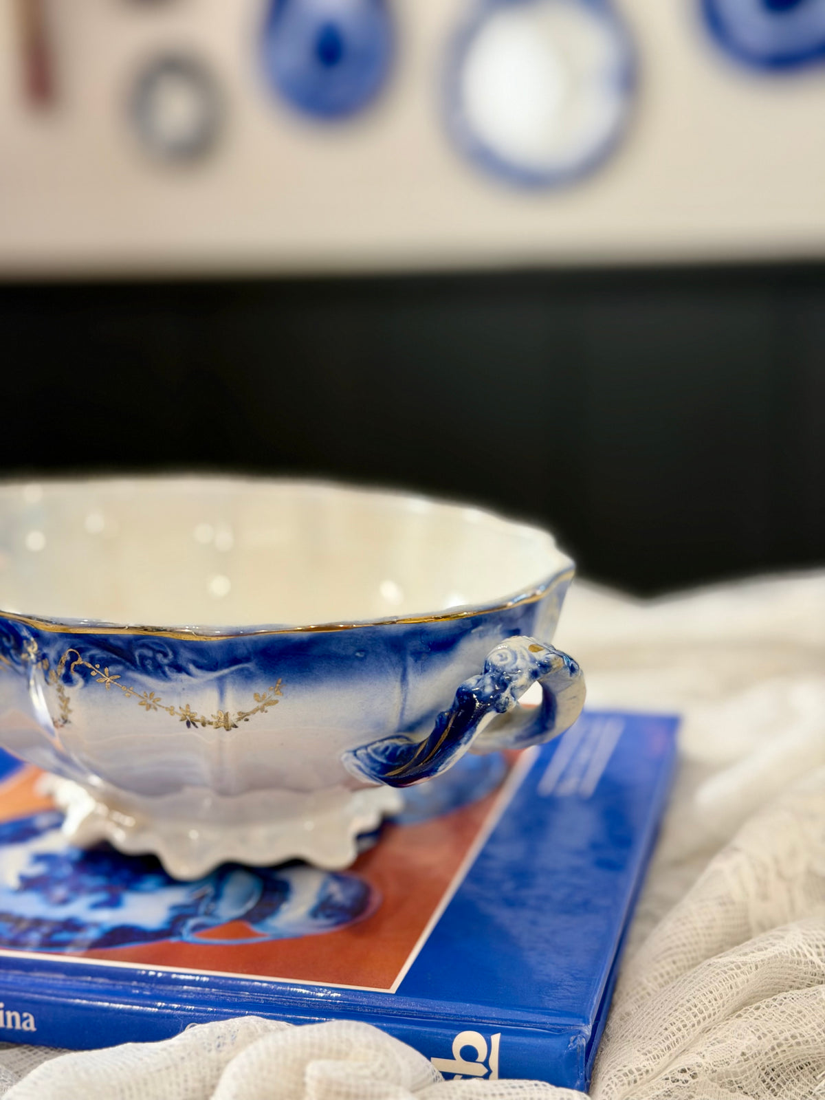Antique Flow Blue China Serving Bowl with Double Handles & Gold Accents
