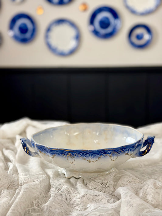 Antique Flow Blue China Serving Bowl with Double Handles & Gold Accents
