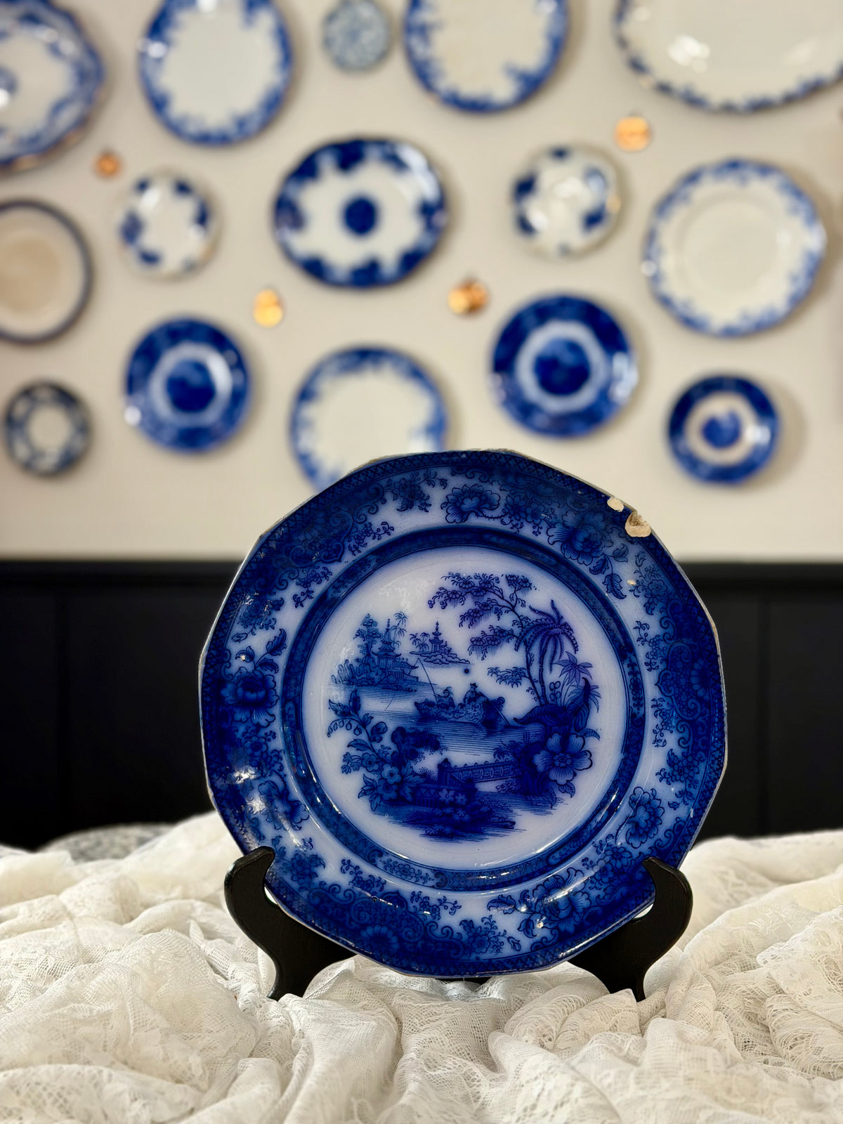 Antique Flow Blue Plate — Tonquin Pattern | 10.5" | As-Found
