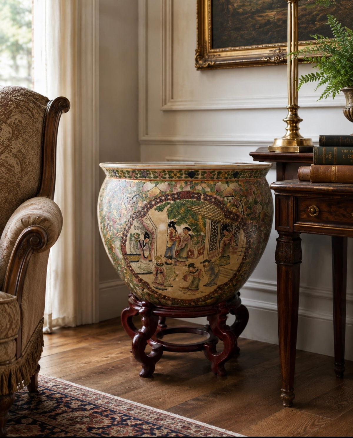Rose Medallion Planter with Wooden Stand
