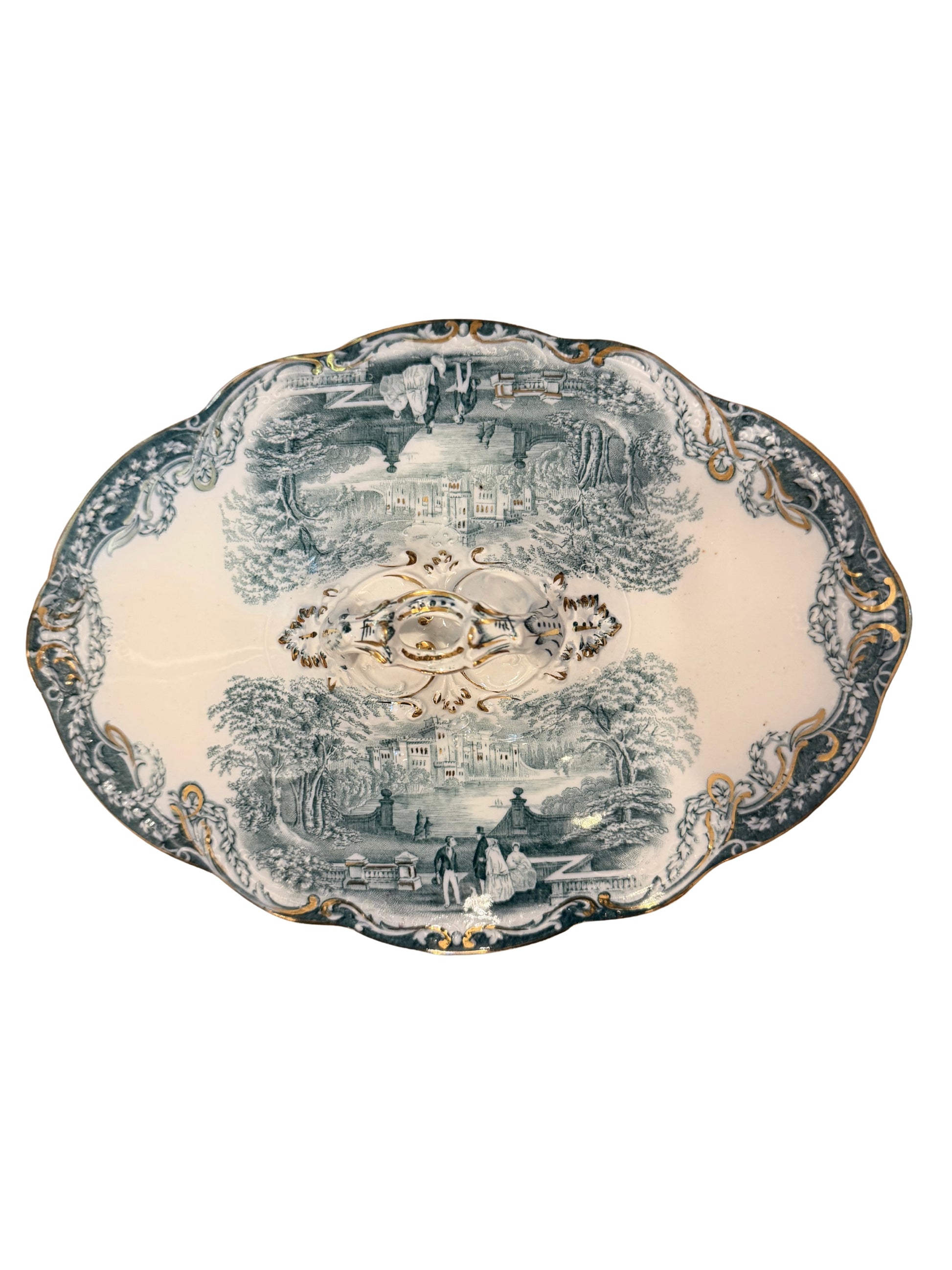 Antique oval grey-blue scenic transferware tureen lid with Victorian estate pattern, rococo scrollwork border, and gilt accents