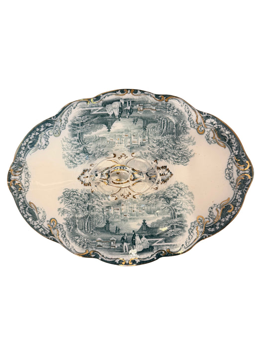 Antique oval grey-blue scenic transferware tureen lid with Victorian estate pattern, rococo scrollwork border, and gilt accents