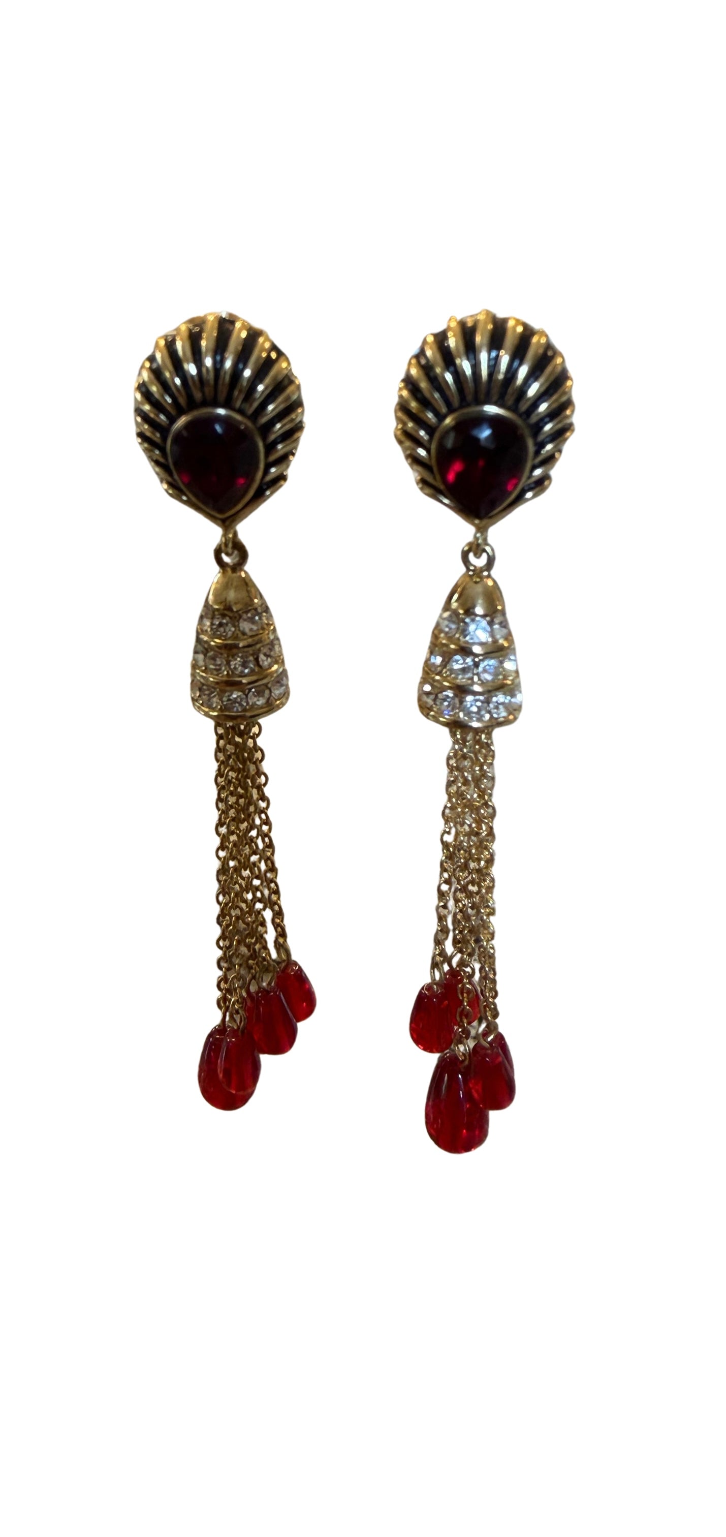 Vintage Signed Red Glass Tassel Earrings